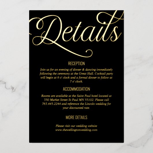 Zwart en Folie Minimale bruiloft Details Folie Uitnodiging (Voorkant)