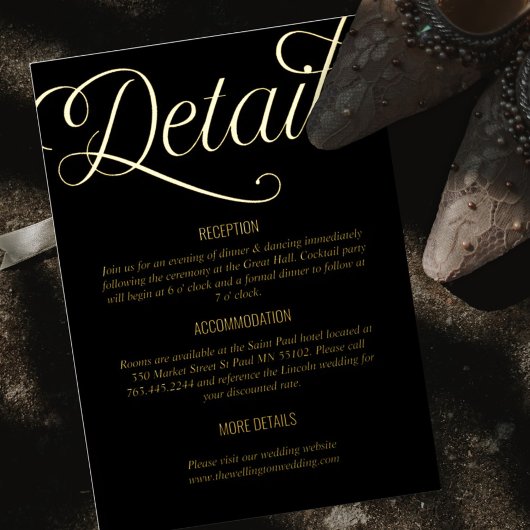 Zwart en Folie Minimale bruiloft Details Uitnodiging
