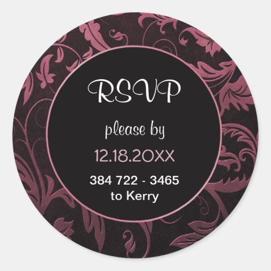 Zwart en Framboos Roze Damast Bruiloft - RSVP Ronde Sticker (Voorkant)