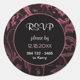Zwart en Framboos Roze Damast Bruiloft - RSVP Ronde Sticker