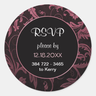 Zwart en Framboos Roze Damast Bruiloft - RSVP Ronde Sticker