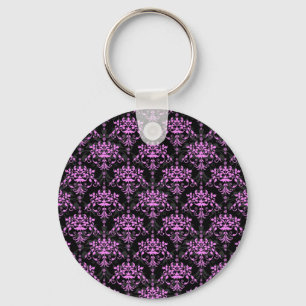 Zwart en fuchsia bloemmotief damast patroon sleutelhanger