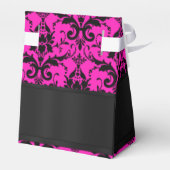 Zwart en fuchsia roze damast bruiloft bedankdoosjes (Achterkant)
