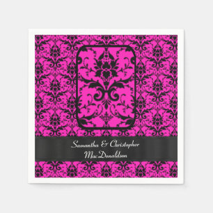 Zwart en fuchsia roze damast patroon servetten