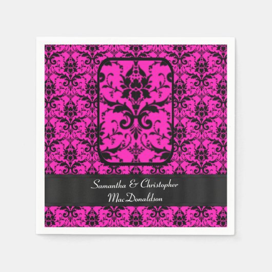 Zwart en fuchsia roze damast patroon servetten (Voorkant)