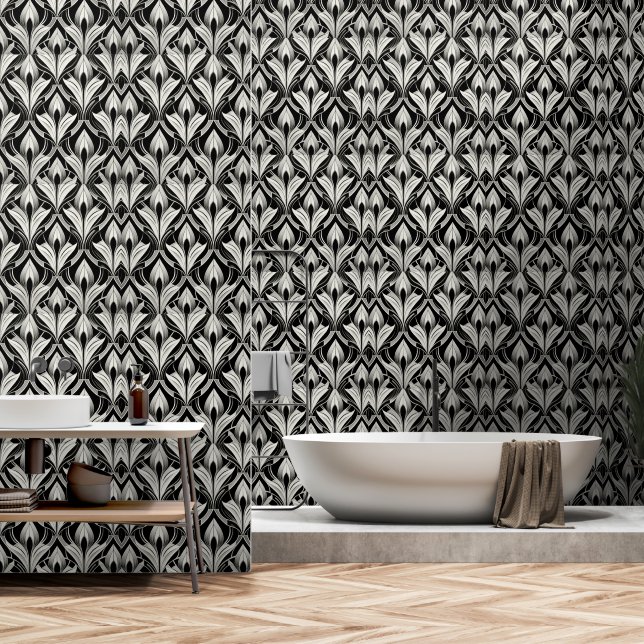 Zwart en gebroken wit contrast behang (Badkamer)