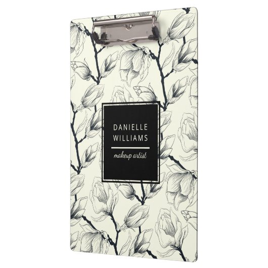 Zwart en gebroken wit elegant Magnolia Botanisch Klembord (Links)