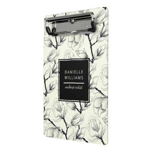 Zwart en gebroken wit elegant Magnolia Botanisch Mini Klembord (Angled2)