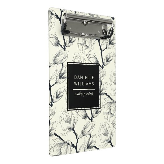 Zwart en gebroken wit elegant Magnolia Botanisch Mini Klembord (Schuin)