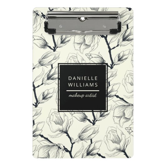 Zwart en gebroken wit elegant Magnolia Botanisch Mini Klembord (Voorkant)