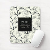 Zwart en gebroken wit elegant Magnolia Botanisch Muismat (Met muis)