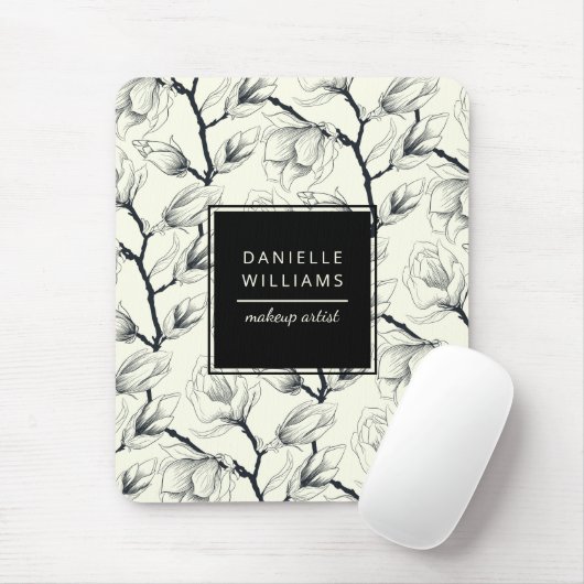 Zwart en gebroken wit elegant Magnolia Botanisch Muismat (Met muis)