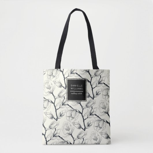 Zwart en gebroken wit elegant Magnolia Botanisch Tote Bag (Voorkant)