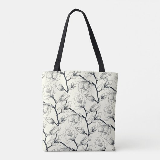Zwart en gebroken wit elegant Magnolia Botanisch Tote Bag (Achterkant)