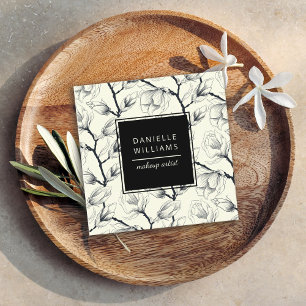 Zwart en gebroken wit elegant Magnolia Botanisch Vierkante Visitekaartje
