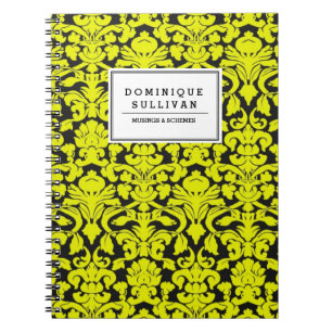 Zwart en Geel Bloemen Damast Gepersonaliseerd Notitieboek