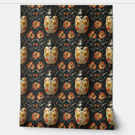  zwart en geel bloemenkeverpatroon behang