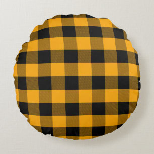 Zwart en Geel Buffalo Plaid Patroon Rond Kussen