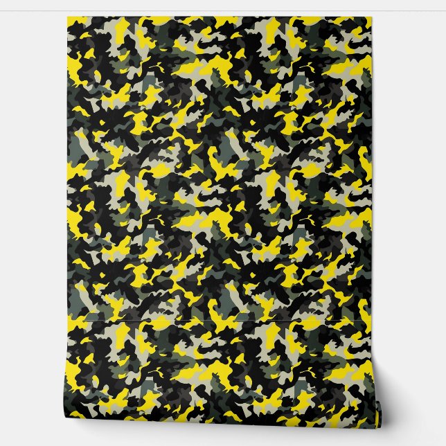 Zwart en geel camouflagepatroon behang (Afrollen)