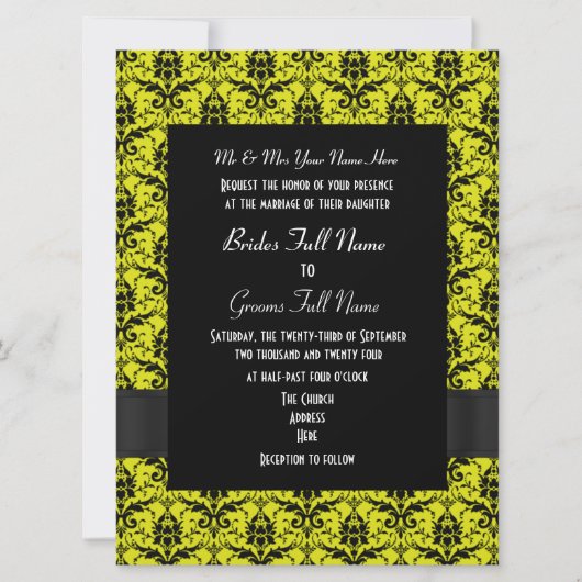 Zwart en geel damast formele bruiloft kaart (Voorkant)