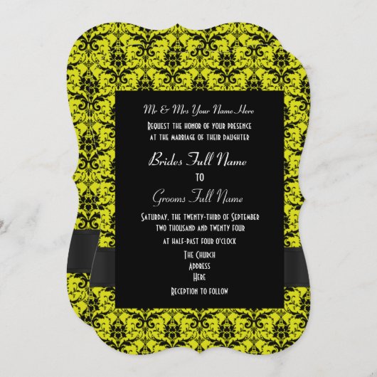 Zwart en geel damast formele bruiloft kaart (Voorkant / Achterkant)