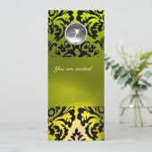 ZWART EN GEEL DAMAST MONOGRAM EDELSTEEN KAART (Staand voorkant)