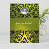 ZWART EN GEEL DAMAST MONOGRAM EDELSTEEN KAART (Staand voorkant)