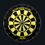 Zwart en geel dartboard met aangepaste tekst dartbord<br><div class="desc">Zwart en geel dart board met twee gebieden van de douanetekst. Kies "meer"optie aanpassen als u kleuren wilt veranderen.</div>