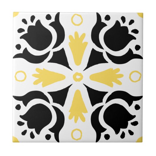 Zwart en geel gecompliceerd Floral patroon Tegeltje (Voorkant)