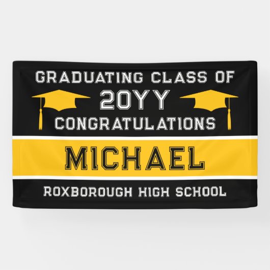 Zwart en Geel Gouden School Kleuren Afstuderen Spandoek (Horizontaal)