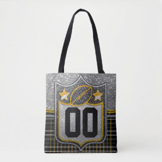 Zwart en geel gouden schoolvoetbalshirt tote bag