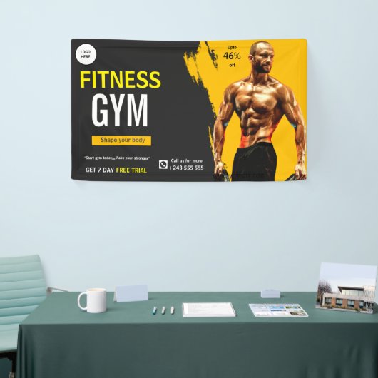 Zwart en geel gym fitness oefening training spandoek (Beurs)