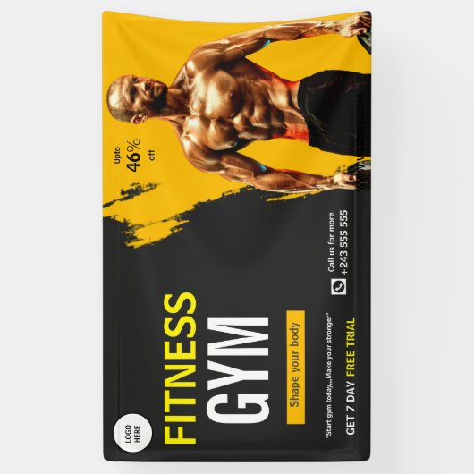 Zwart en geel gym fitness oefening training spandoek (Verticaal)