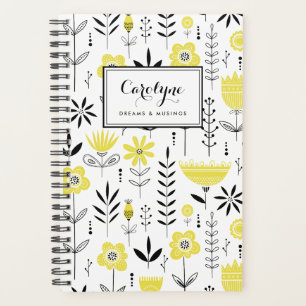 Zwart en Geel Scandinavisch Bloempatroon Planner