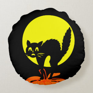 Zwart en geel schedels Pompoen Kat Halloween Rond Kussen
