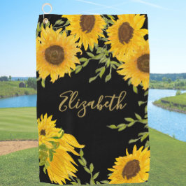 Zwart en Geel Zonnebloem Bloemen op maat dames Golfhanddoek