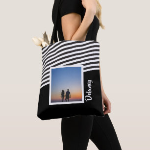Zwart en gestreept patroon Gepersonaliseerde foto Tote Bag