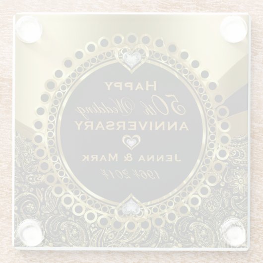 Zwart en glanzend goud 50ste bruiloft Jubileum Glazen Onderzetter (Achterkant)