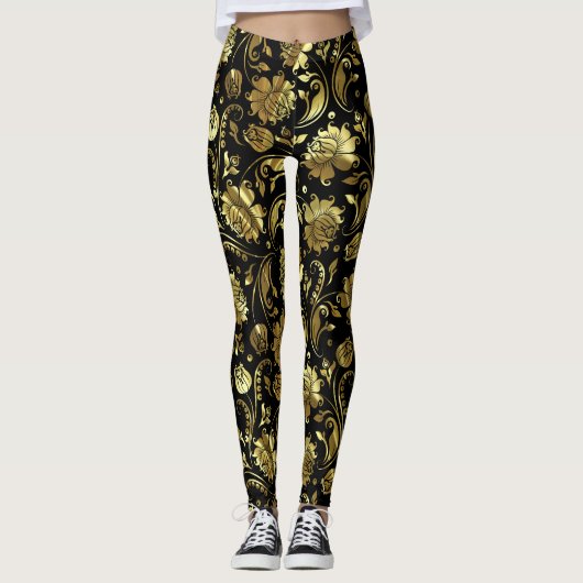Zwart en glanzend goud damast patroon leggings (Voorkant)