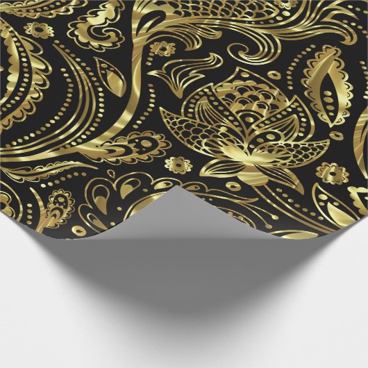 Zwart en glanzend goud Paisley Pattern Cadeaupapier (Hoek)