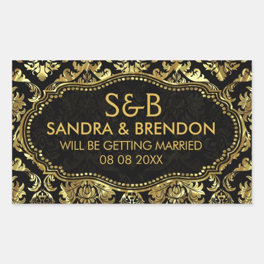 Zwart en glanzend gouden bloemdamast patroon rechthoekige sticker (Voorkant)