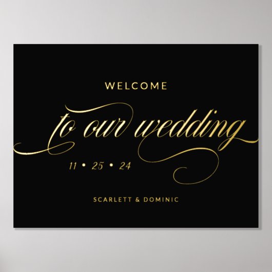 Zwart en glanzend kalligrafie bruiloft welkom teke folie afdrukken (Voorkant)