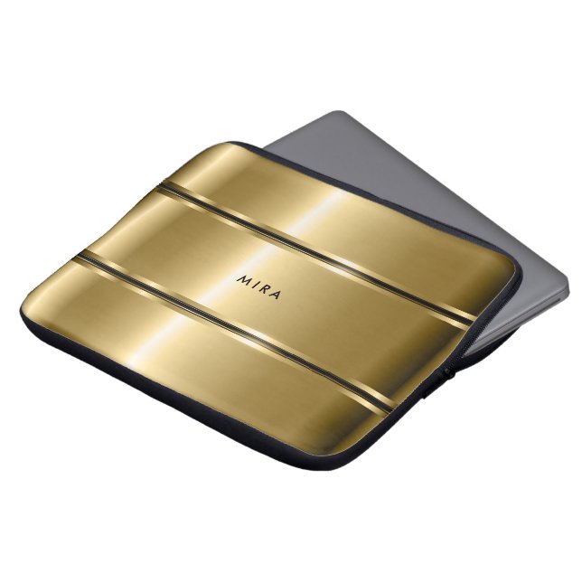Zwart en glanzend metalen gouden strepen laptop sleeve (Voorkant top)