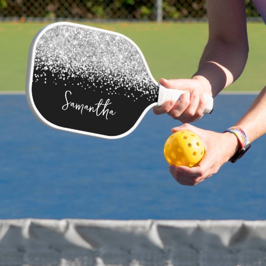 Zwart en glinsterend zilver glam script naam pickleball paddle (Insitu)