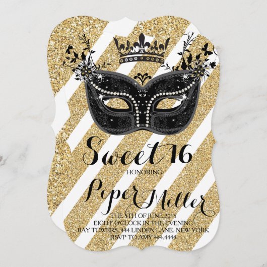 Zwart en Glitter Gold Masquerade Sweet 16 Kaart (Voorkant / Achterkant)