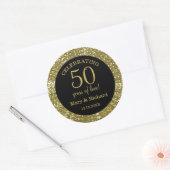 Zwart en Glitter Goud 50e Bruiloft Jubileum Ronde Sticker (Envelop)