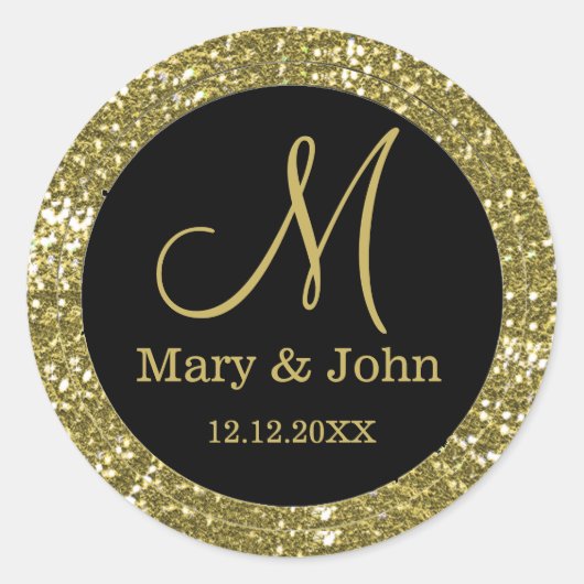 Zwart en Glitter Goud Bruiloft Monogram Afdichting Ronde Sticker (Voorkant)