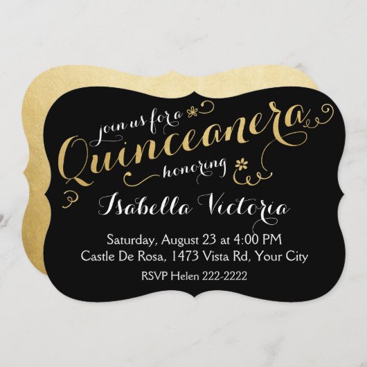 Zwart en Gold Script Quinceañera Kaart (Voorkant / Achterkant)