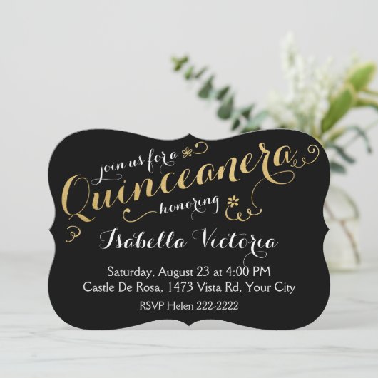 Zwart en Gold Script Quinceañera Kaart (Staand voorkant)