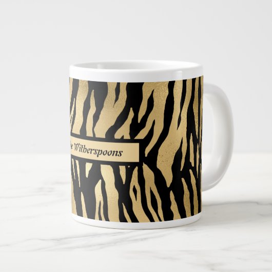 Zwart en Gold Wild Animal Print met naam Grote Koffiekop (Voorkant rechts)